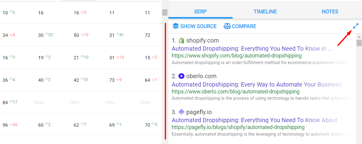 Serp results displayed