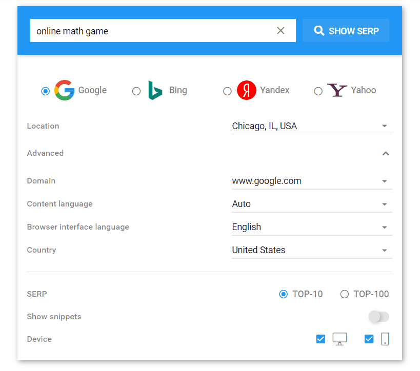 SERP checker settings