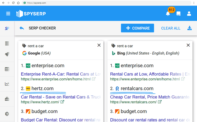 Comparar los resultados de Google y Bing de Comprobador de SERPs