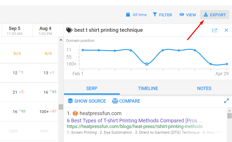 Serp analysis export function